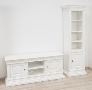 Living room TV cabinet with bookcases in a contemporary classic style, antique white lacquered finish