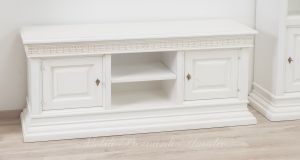 Living room TV cabinet with bookcases in a contemporary classic style, antique white lacquered finish