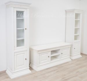 Living room TV cabinet with bookcases in a contemporary classic style, antique white lacquered finish