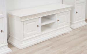 Living room TV cabinet with bookcases in a contemporary classic style, antique white lacquered finish