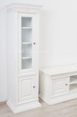 Living room TV cabinet with bookcases in a contemporary classic style, antique white lacquered finish