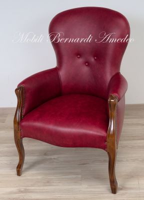Poltrona stile Luigi Filippo rivestita in pelle rossa produzione artigianale italiana