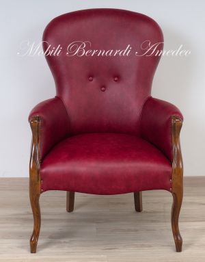 Poltrona stile Luigi Filippo rivestita in pelle rossa produzione artigianale italiana