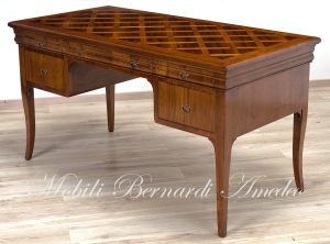 Scrivania in legno massello di ciliegio con intarsi in noce riproduzione stile classico Luigi Filippo