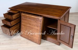Classic fully closed desk with door and drawers, Italian artisan production in solid wood