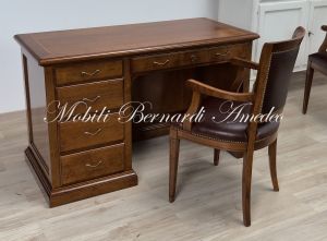 Scrivania classica in legno massello di noce con cassettiera laterale