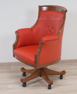 Poltrona girevole stile classico da studio con struttura in legno imbottita e rivestita vera pelle