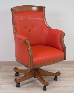 Poltrona girevole stile classico da studio con struttura in legno imbottita e rivestita vera pelle