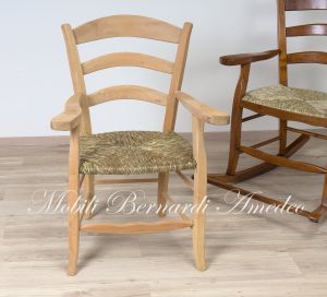 Capotavola con braccioli stile rustico country in legno seduta impagliata