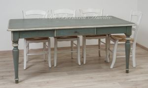 Country-Provençal style brushed solid wood table with very antique colored lacquered finish