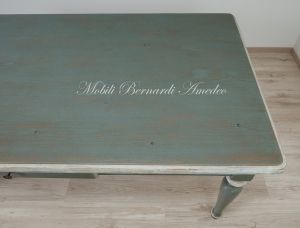 Country-Provençal style brushed solid wood table with very antique colored lacquered finish