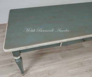 Country-Provençal style brushed solid wood table with very antique colored lacquered finish