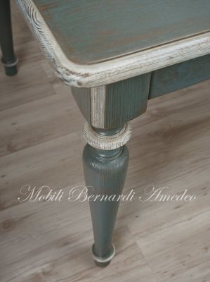 Country-Provençal style brushed solid wood table with very antique colored lacquered finish