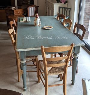 Country-Provençal style brushed solid wood table with very antique colored lacquered finish