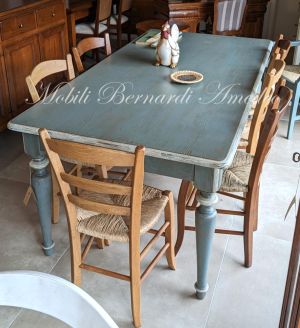Country-Provençal style brushed solid wood table with very antique colored lacquered finish