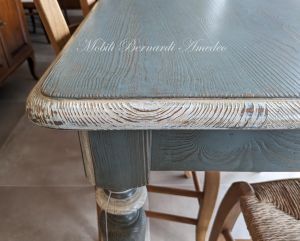 Country-Provençal style brushed solid wood table with very antique colored lacquered finish