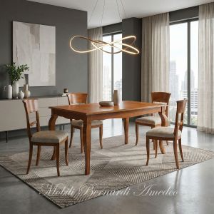 Tavolo stile classico costruito in noce colore chiaro con sedie in stile seduta imbottita