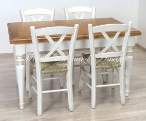 Tavolo da cucina in legno di rovere con gambe tornite bianche e allunghi estraibili