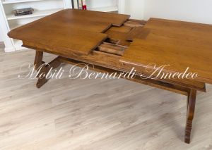 Tavolo in legno massello di rovere piallato con 3 prolunghe stile classico con gambe a lira e ferro battuto