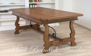Tavolo in legno massello di rovere piallato con 3 prolunghe stile classico con gambe a lira e ferro battuto