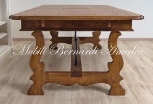 Tavolo in legno massello di rovere piallato con 3 prolunghe stile classico con gambe a lira e ferro battuto