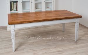 Tavolo da pranzo in legno cm 200x100 con intarsi nel piano finitura colore chiaro con gambe bianche