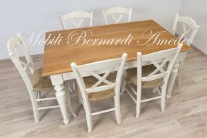 Tavolo da cucina in legno massiccio con finitura bicolore bianco e rovere