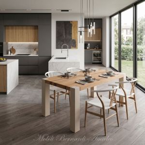 Tavolo moderno in olmo con gambe in ferro inserito in una cucina moderna - immagine elaborata con AI