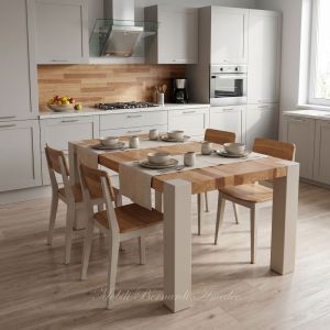Tavolo moderno in olmo con gambe in ferro inserito in una cucina moderna - immagine elaborata con AI