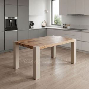 Tavolo moderno in olmo con gambe in ferro inserito in una cucina moderna - immagine elaborata con AI