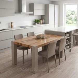 Tavolo moderno in olmo con gambe in ferro inserito in una cucina moderna - immagine elaborata con AI