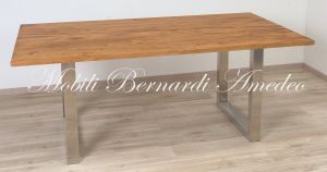 Modern style dining table with light olive wood top and stainless steel legs