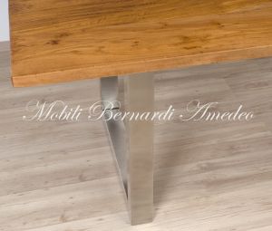Modern style dining table with light olive wood top and stainless steel legs
