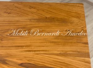 Modern style dining table with light olive wood top and stainless steel legs
