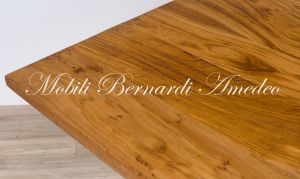 Modern style dining table with light olive wood top and stainless steel legs