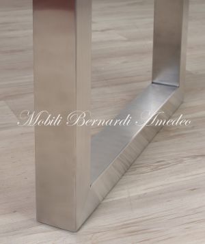 Modern style dining table with light olive wood top and stainless steel legs