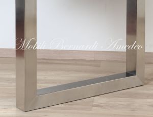 Modern style dining table with light olive wood top and stainless steel legs