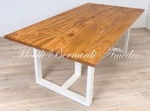 Modern type table handcrafted with solid olive wood and white iron legs