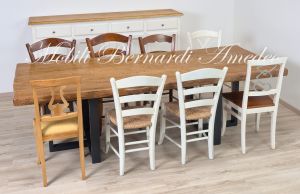 TM22 Tavolo con piano in olmo massello chiaro anticato e basi in ferro scuro