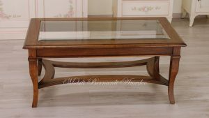 Tavolino rettangolare classico da divano in legno massello con vetro