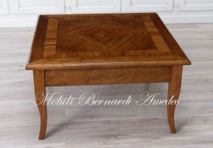 Square living room coffee table in classic style solid walnut with drawer and olive wood inlays