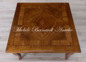 Square living room coffee table in classic style solid walnut with drawer and olive wood inlays