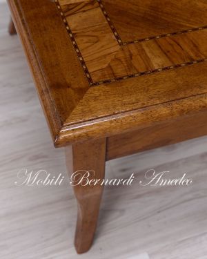 Classic square sofa table - detail of the walnut top inlaid with olive wood