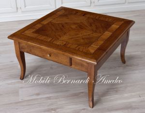 Square living room coffee table in classic style solid walnut with drawer and olive wood inlays