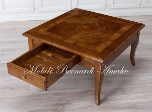 Square living room coffee table in classic style solid walnut with drawer and olive wood inlays