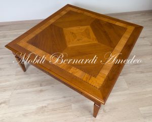 Large square coffee table - detail of the walnut top inlaid with olive wood
