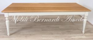 Dining table handcrafted in solid wood with light oak top and country style white turned legs