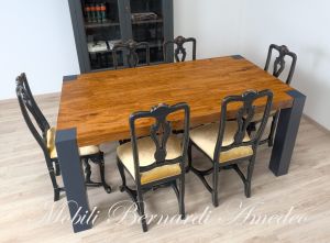 Modern table in solid olive wood and iron legs