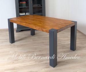 Modern table in solid olive wood and iron legs