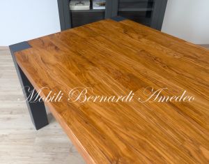 Modern table in solid olive wood and iron legs
